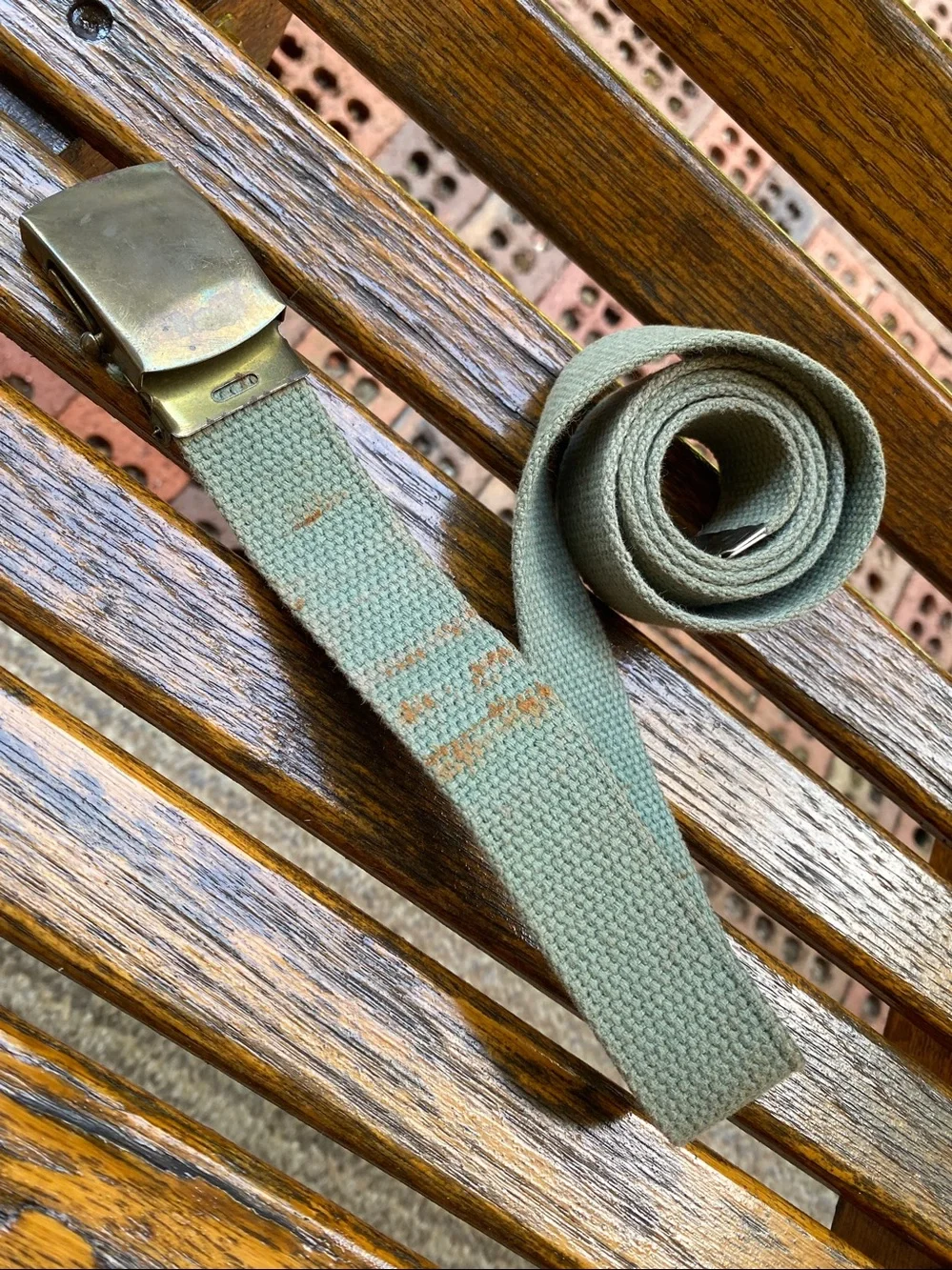 Vintage USA Surplus Brass Buckle Green Web Belt Military Pappys